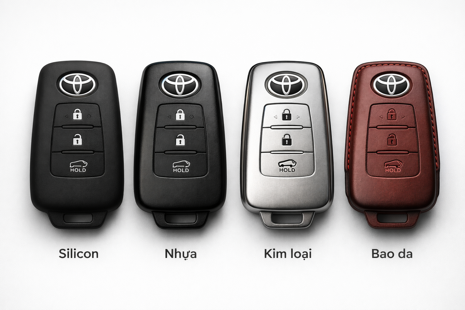 So sánh 4 loại ốp chìa khóa Toyota: silicon, nhựa, kim loại và bao da